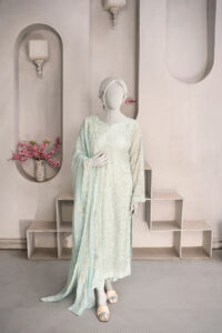 Light Sky 3-Piece Suit with Full Embroidery and Elegant Borders