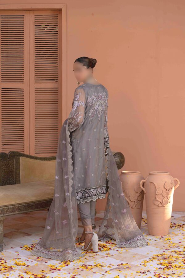 Elegant Embroidered Organza Ensemble with Net Dupatta & Silk Trousers