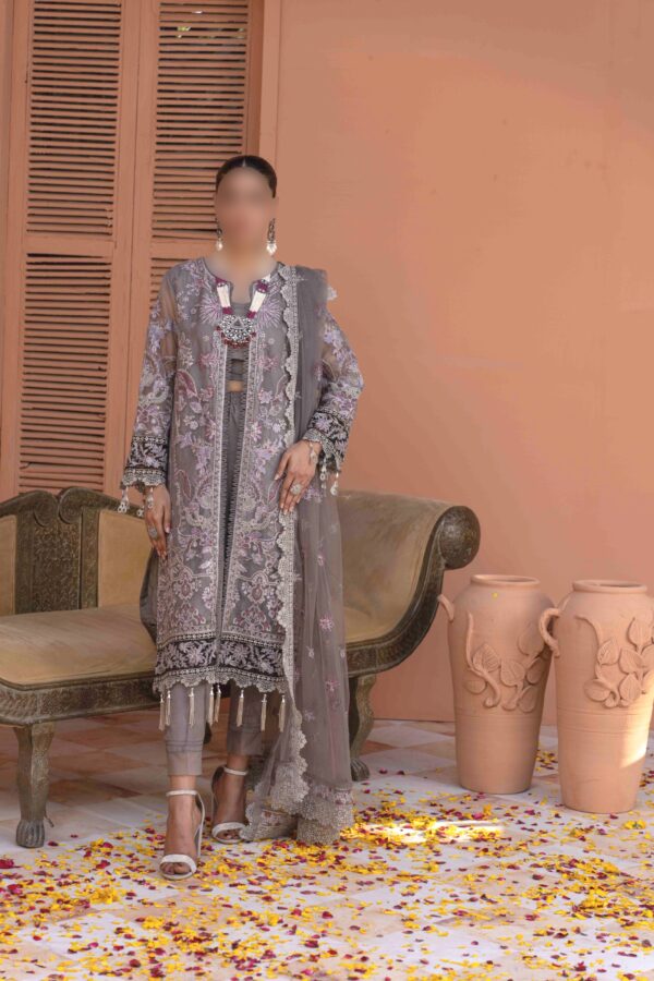 Elegant Embroidered Organza Ensemble with Net Dupatta & Silk Trousers