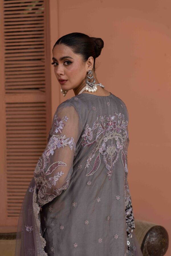 Elegant Embroidered Organza Ensemble with Net Dupatta & Silk Trousers
