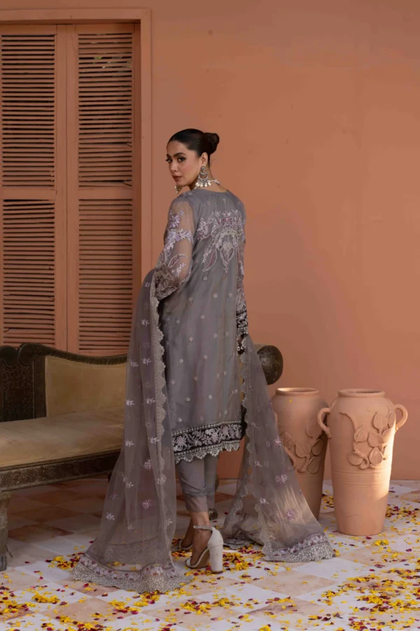 Elegant Embroidered Organza Ensemble with Net Dupatta & Silk Trousers