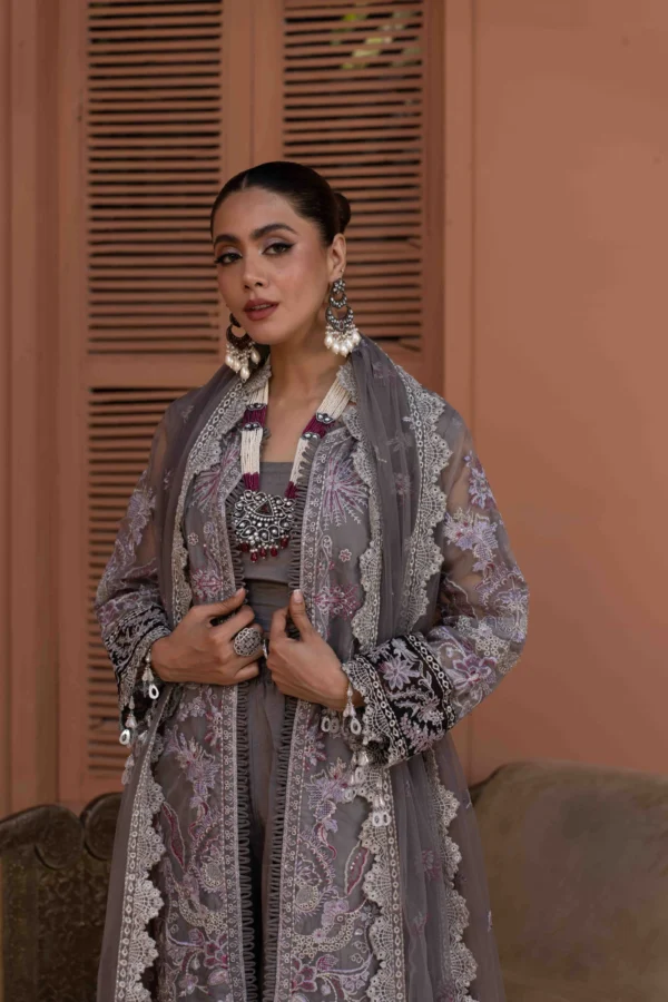 Elegant Embroidered Organza Ensemble with Net Dupatta & Silk Trousers
