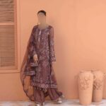 Luxurious Embroidered Bamber Outfit with Net Dupatta & Silk Trousers