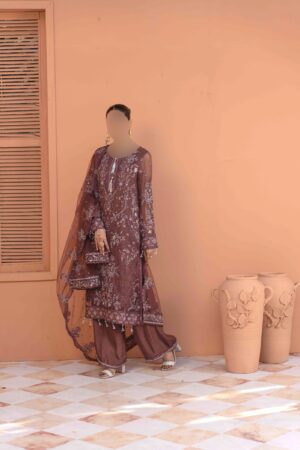 Luxurious Embroidered Bamber Outfit with Net Dupatta & Silk Trousers