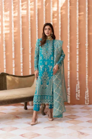 Luxurious Bamber Suit with Net Dupatta and Raw Silk Trousers