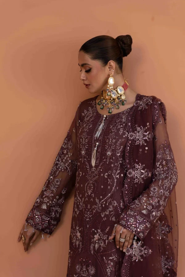 Luxurious Embroidered Bamber Outfit with Net Dupatta & Silk Trousers