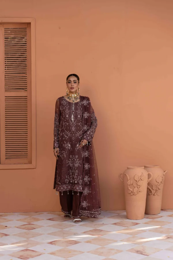Luxurious Embroidered Bamber Outfit with Net Dupatta & Silk Trousers