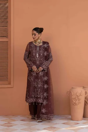Luxurious Embroidered Bamber Outfit with Net Dupatta & Silk Trousers