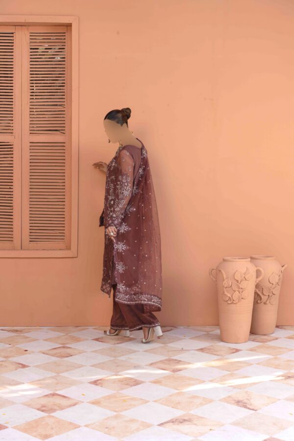 Luxurious Embroidered Bamber Outfit with Net Dupatta & Silk Trousers 4