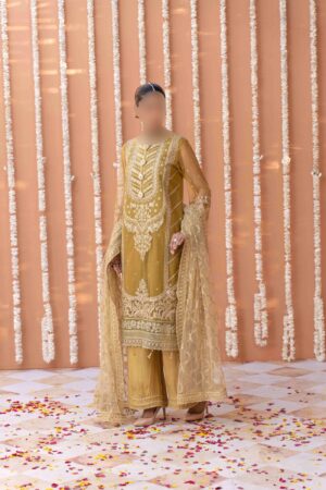 Elevate your style with this exquisite 3-piece mustard yellow net suit. Featuring intricate embroidery and a sheer organza dupatta, this suit is perfect for any special occasion. Available Colors: Mustard Yellow