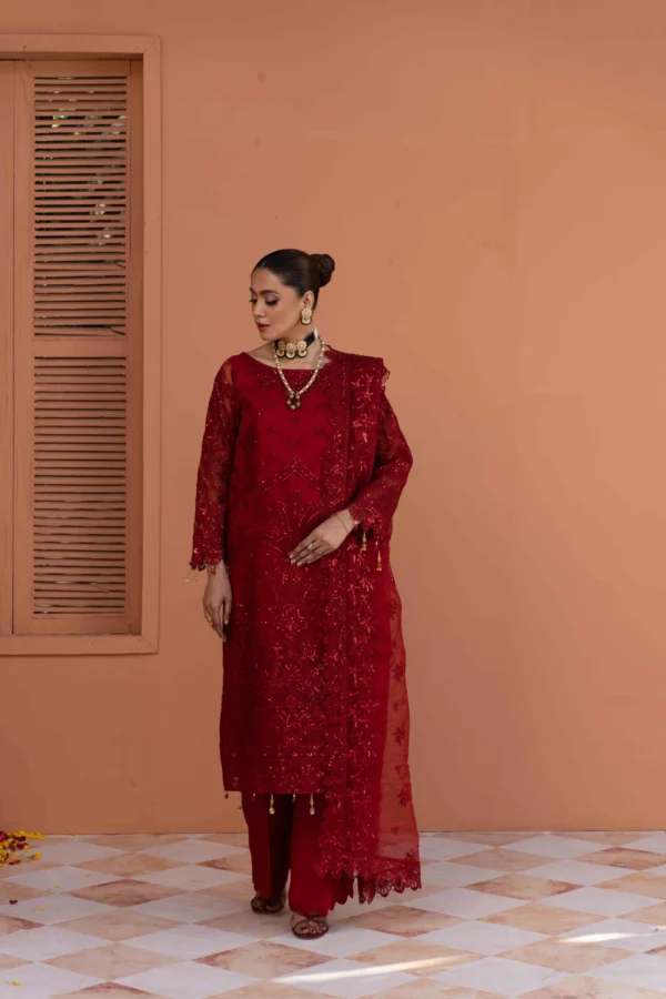 Luxurious Red Pure Organza Suit Raw Silk Trousers