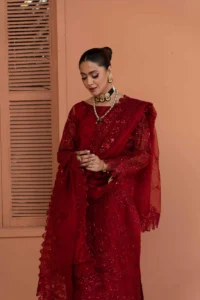 Luxurious Red Pure Organza Suit Raw Silk Trousers