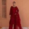 Luxurious Red Pure Organza Suit Raw Silk Trousers