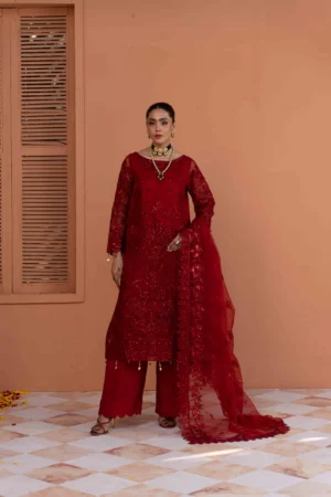 Luxurious Red Pure Organza Suit Raw Silk Trousers