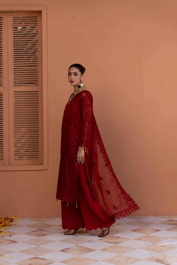 Luxurious Red Pure Organza Suit Raw Silk Trousers