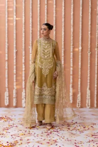 Mustard Yellow Net Suit with Intricate Embroidery and Net Dupatta