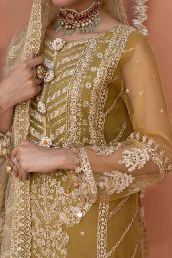 Mustard Yellow Net Suit with Intricate Embroidery and Net Dupatta