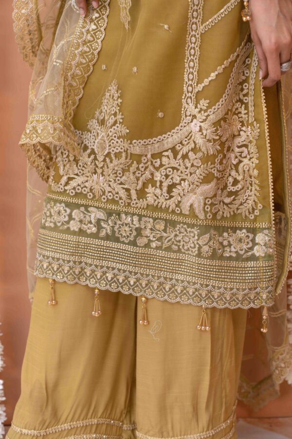 Mustard Yellow Net Suit with Intricate Embroidery and Organza Dupatta