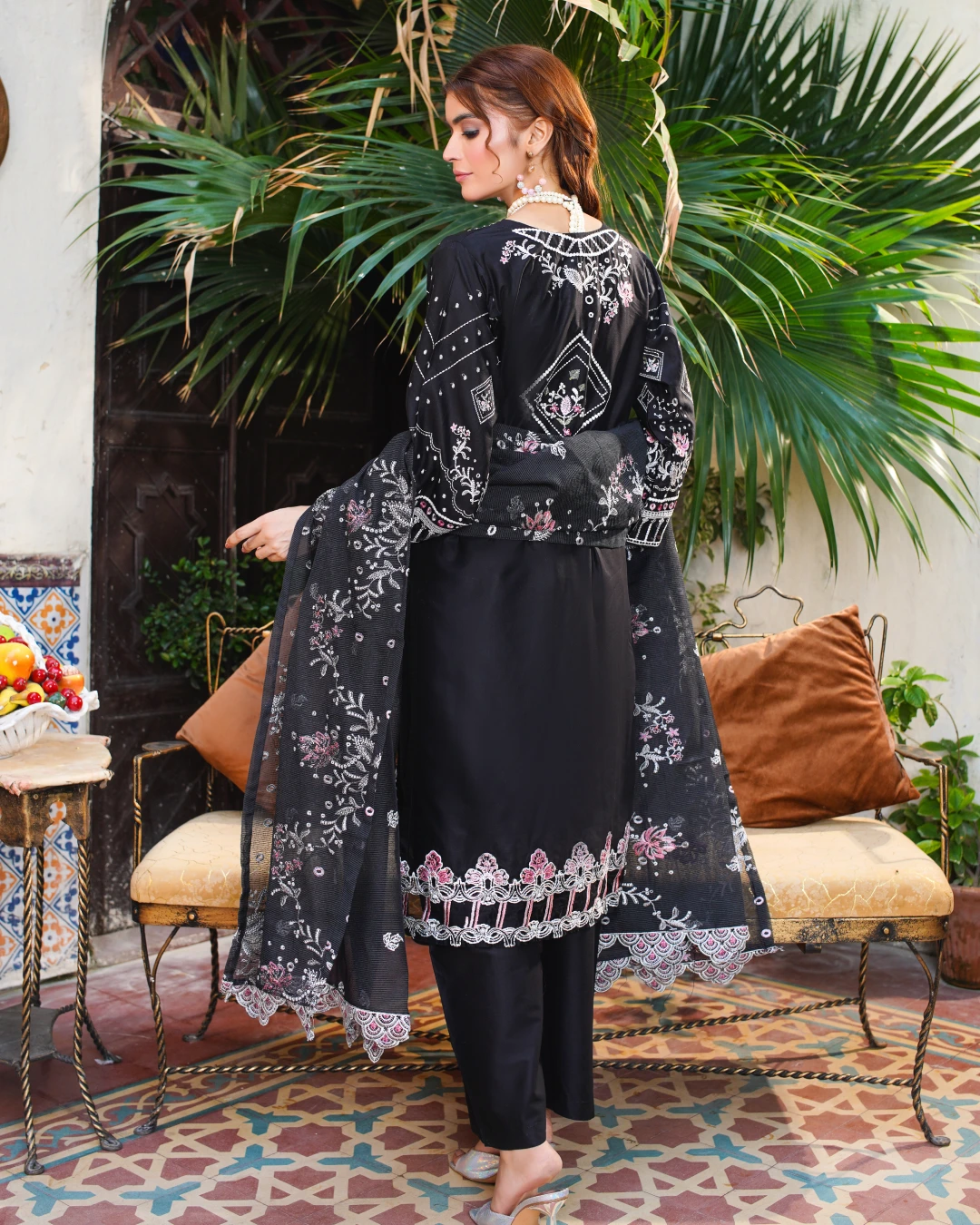Black Embroidered Lawn Suit Multi-Color Thread Work Back