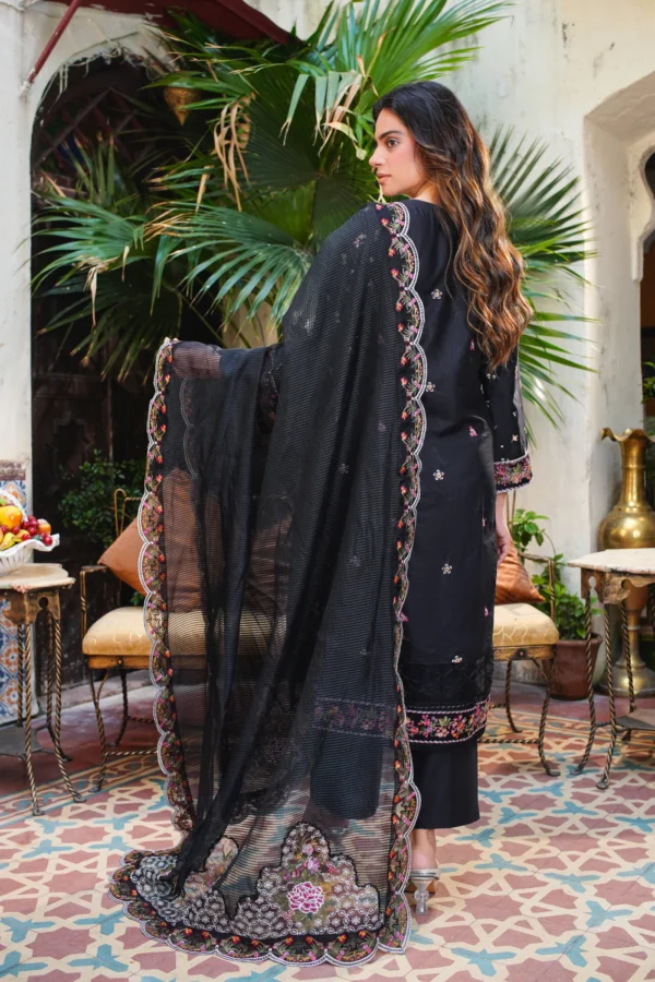 Aatiqa.com's Black Embroidered Lawn Unstitched 3-Piece Suit is a stunning choice for effortless elegance. This set features intricate floral embroidery on a premium lawn shirt, a plain trouser, and a matching dupatta, perfect for creating a custom-fit, sophisticated look.