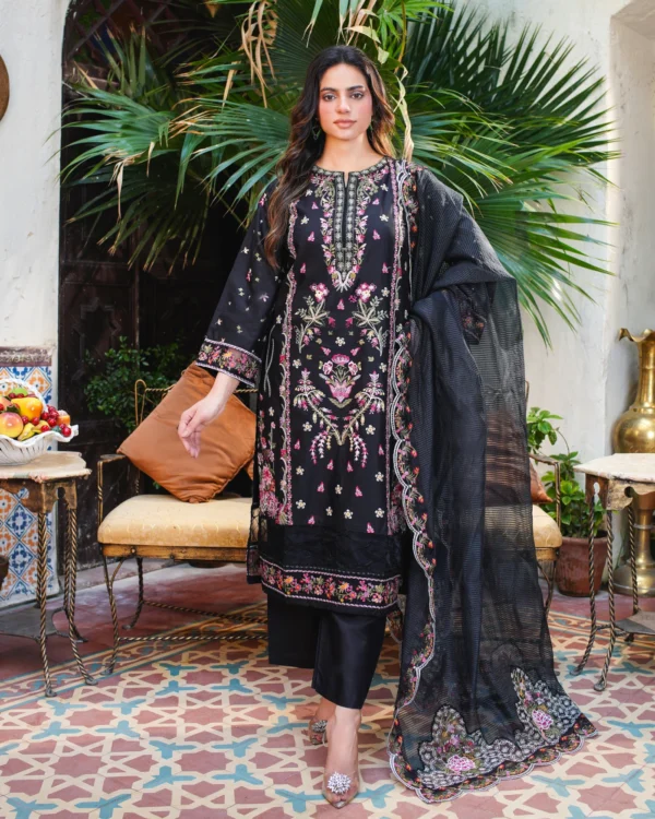 Black Embroidered Lawn Suit | 3-Piece Unstitched Pakistani Dress