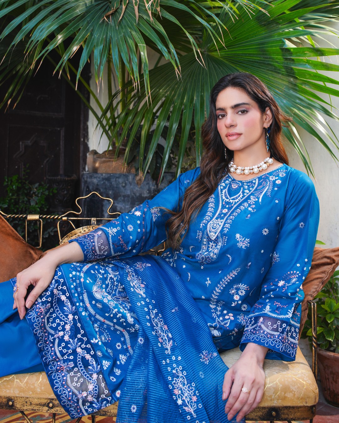 Blue Embroidered Lawn Suit White Thread Work 3-Piece Unstitched - Sitting Close Picture