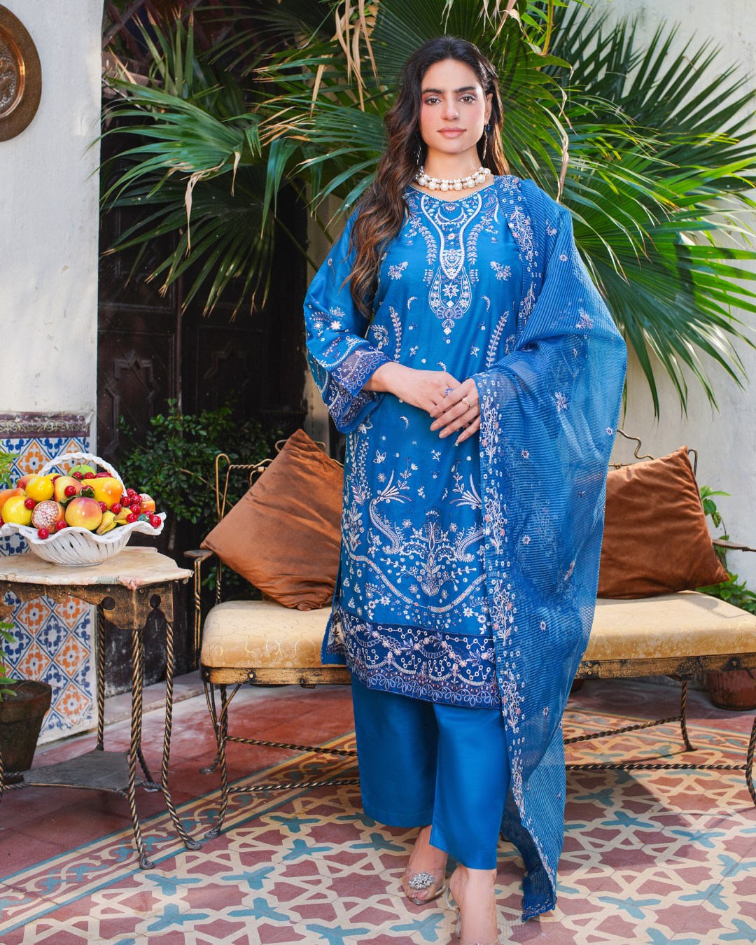Blue Embroidered Lawn Suit White Thread Work 3-Piece Unstitched