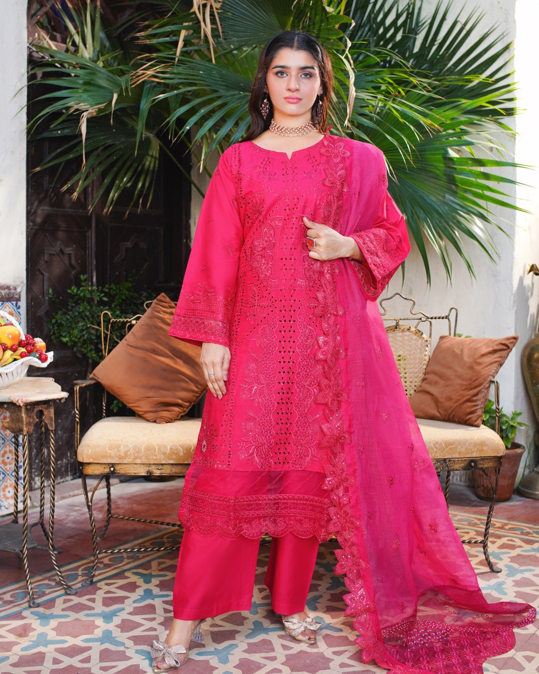 Fuchsia Pink Embroidered Lawn Suit Cutwork & Mirror Work 3-Piece Unstitched