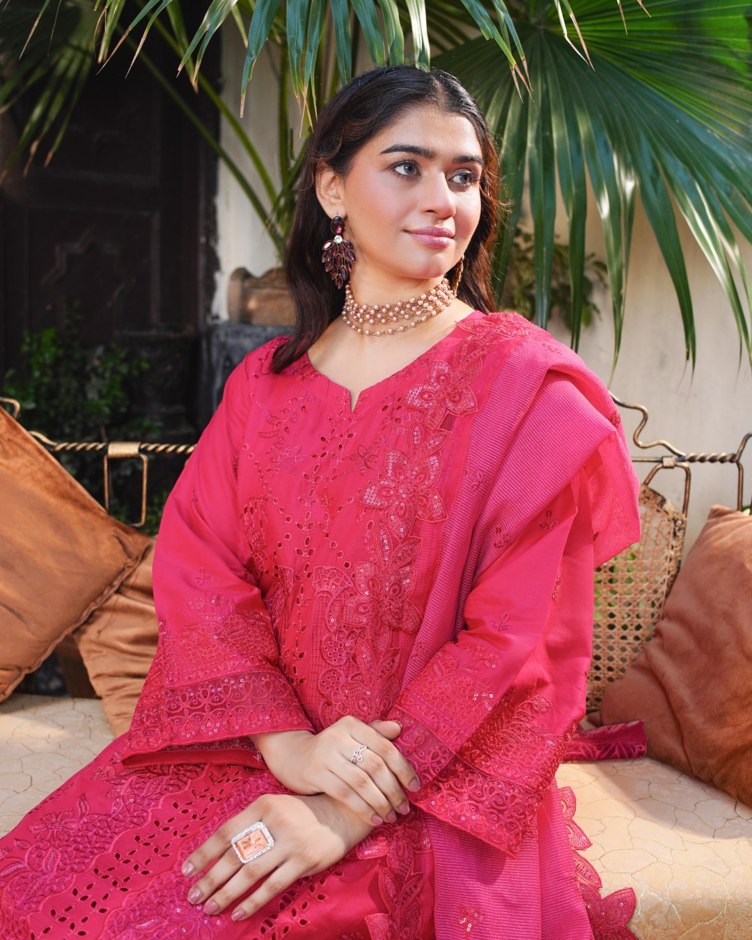 Fuchsia Pink Embroidered Lawn Suit _ Cutwork & Mirror Work _ 3-Piece Unstitched - Close picture