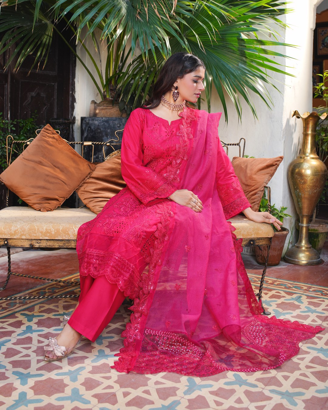 Fuchsia Pink Embroidered Lawn Suit _ Cutwork & Mirror Work _ 3-Piece Unstitched - Sitting