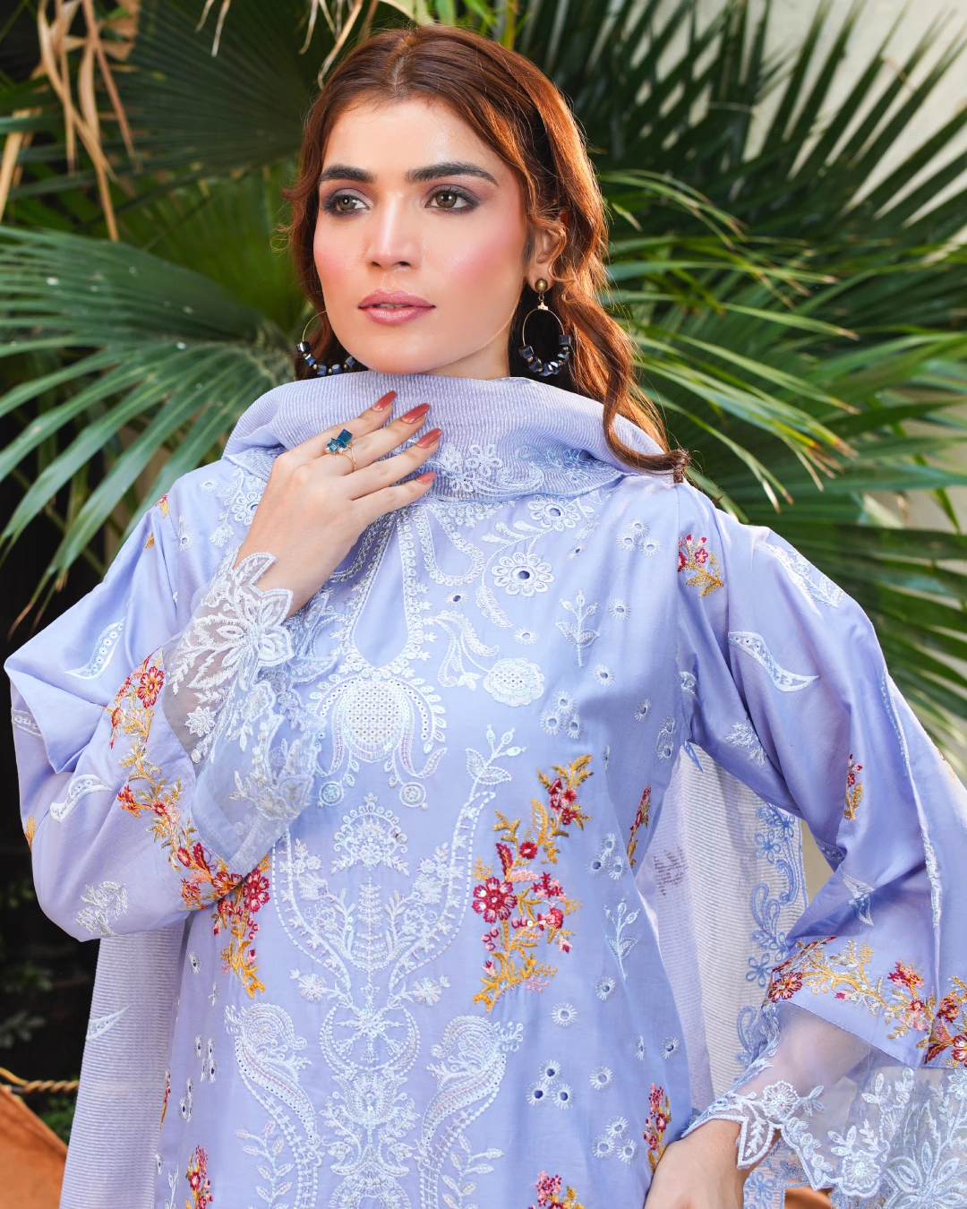 Lavender Embroidered Lawn Suit Cutwork & Floral Design 3-Piece Unstitched - Close View