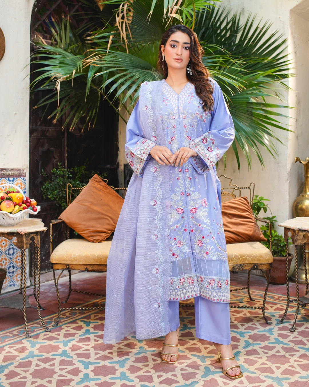 Lavender Embroidered Lawn Suit Floral & Cutwork Design 3-Piece