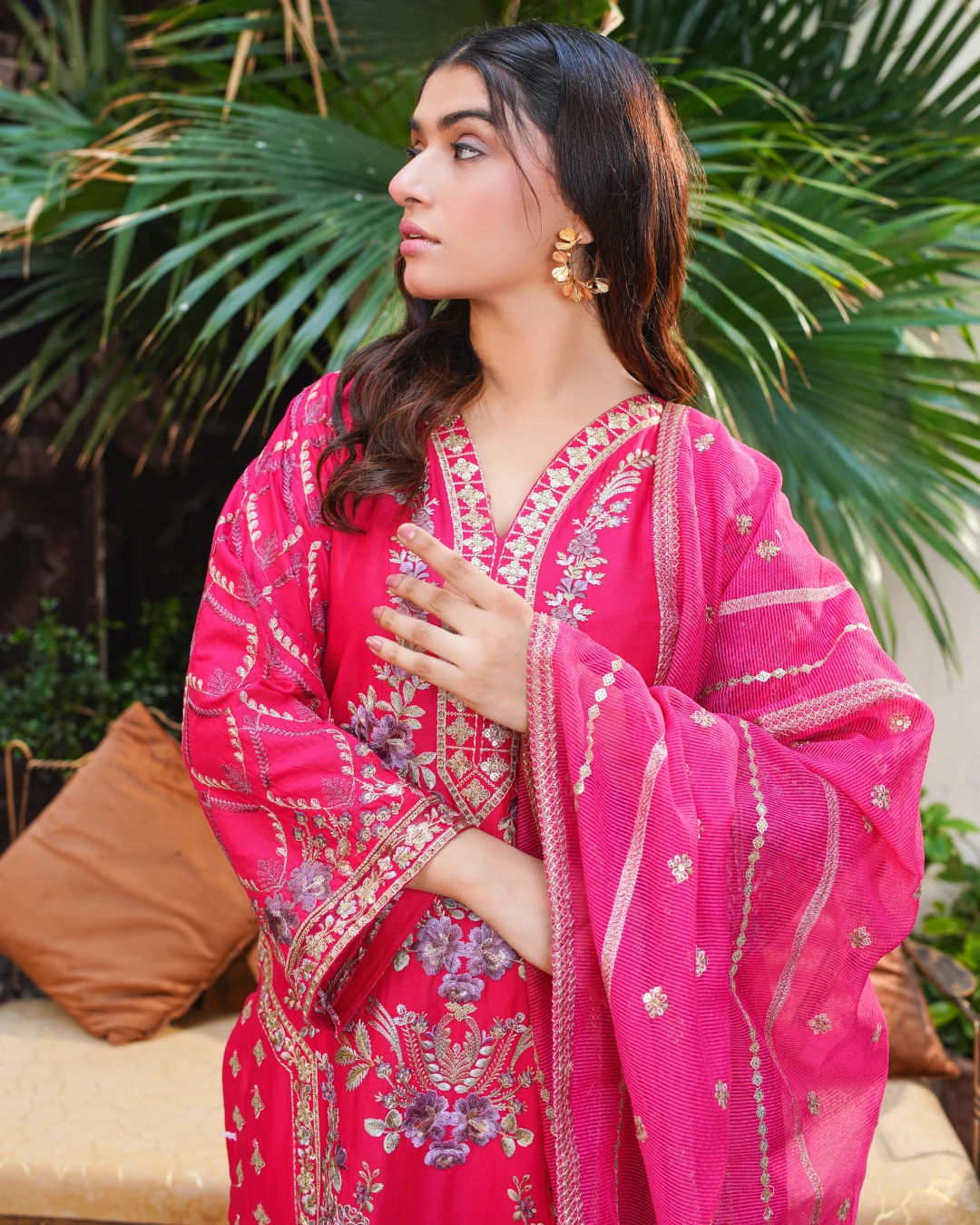 Maroon Embroidered Lawn Suit 3-Piece Unstitched - Left Watching Side View