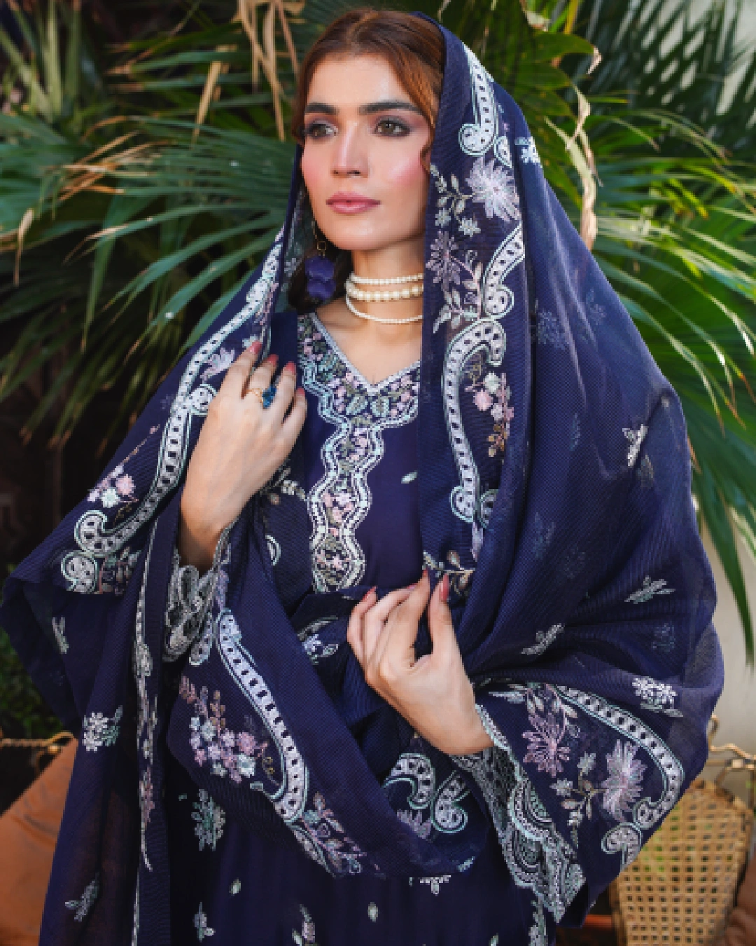 Midnight Blue Embroidered Lawn Suit White & Pink Thread Work - Close View