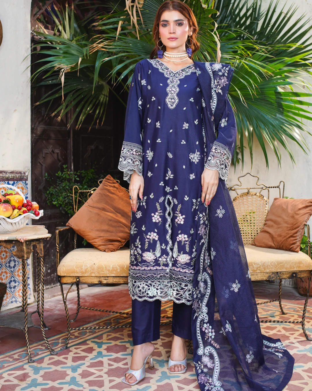 Midnight Blue Embroidered Lawn Suit White & Pink Thread Work