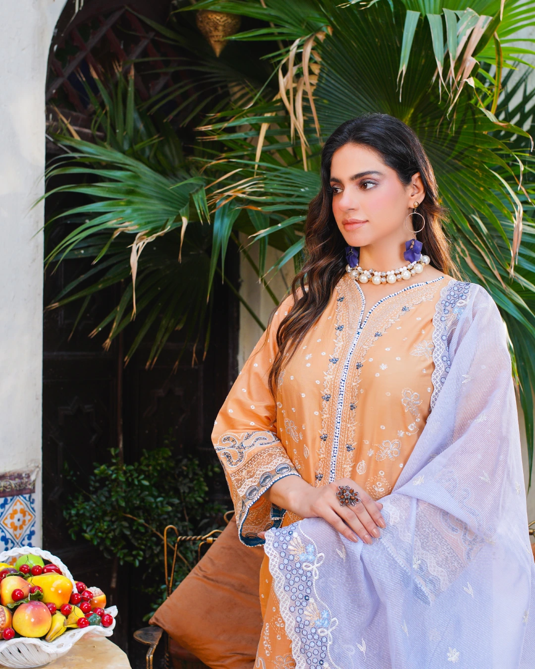 Peach & Lavender Embroidered Lawn Suit 3-Piece Unstitched - Close Side View