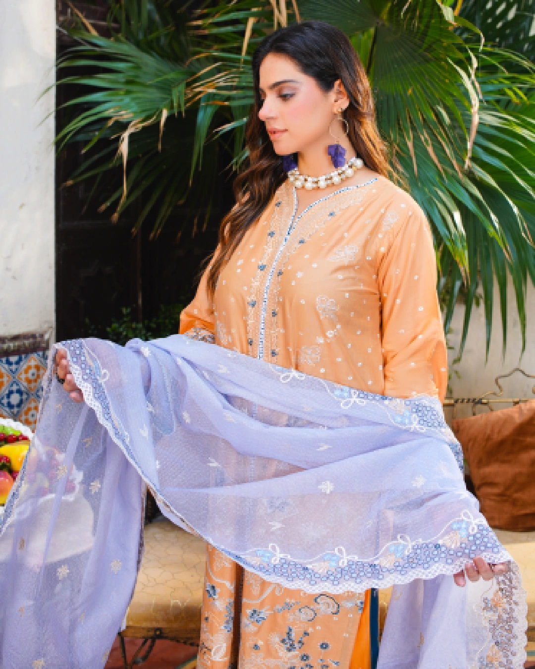 Peach & Lavender Embroidered Lawn Suit 3-Piece Unstitched - Close View with Duppata