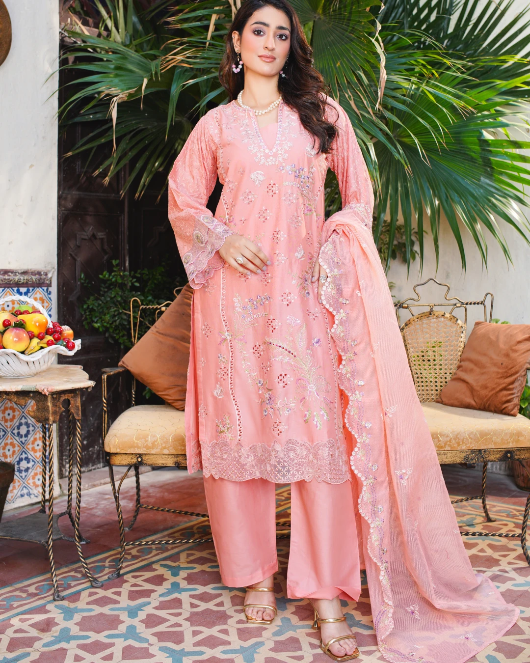 Peach Pink Embroidered Lawn Suit Cutwork & Floral Details 3-Piece Unstitched (2)
