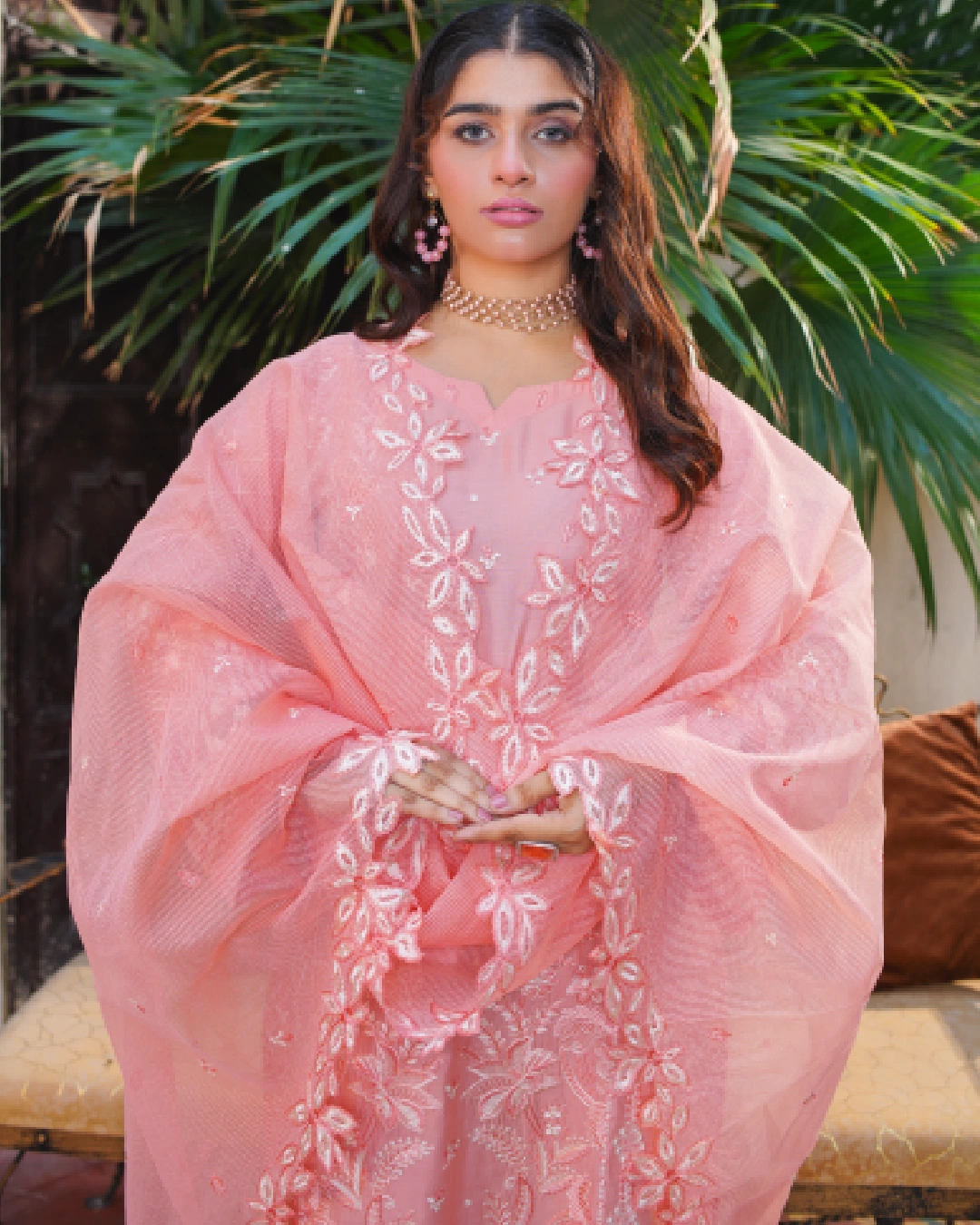 Peach Pink Embroidered Lawn Suit Cutwork & Floral Details 3-Piece Unstitched - Close Straight View