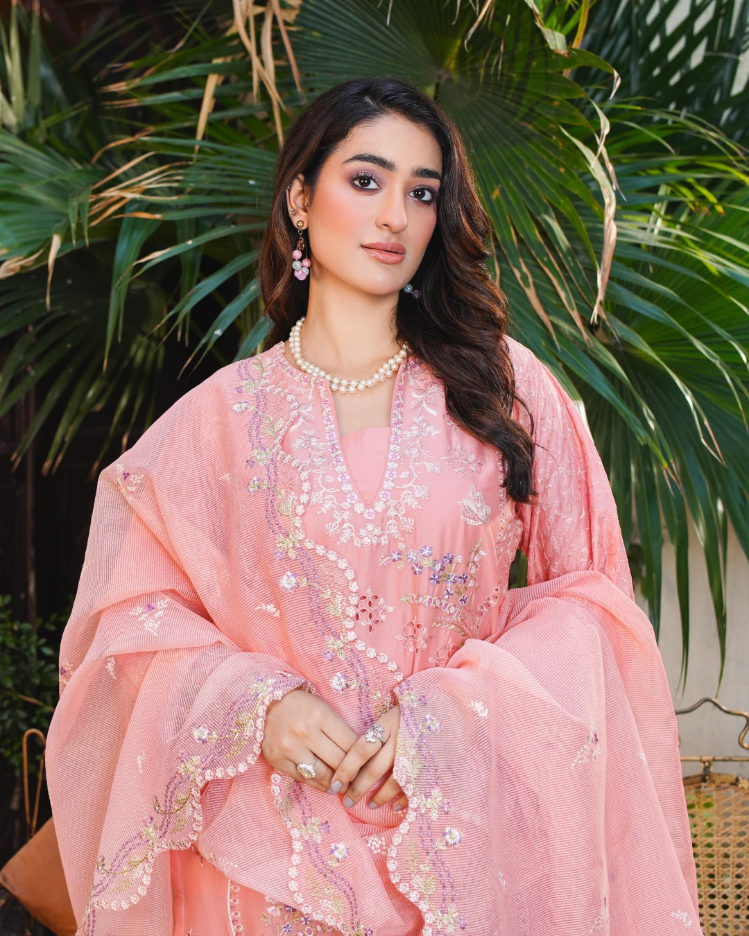 Peach Pink Embroidered Lawn Suit Cutwork & Floral Details 3-Piece Unstitched - Close View