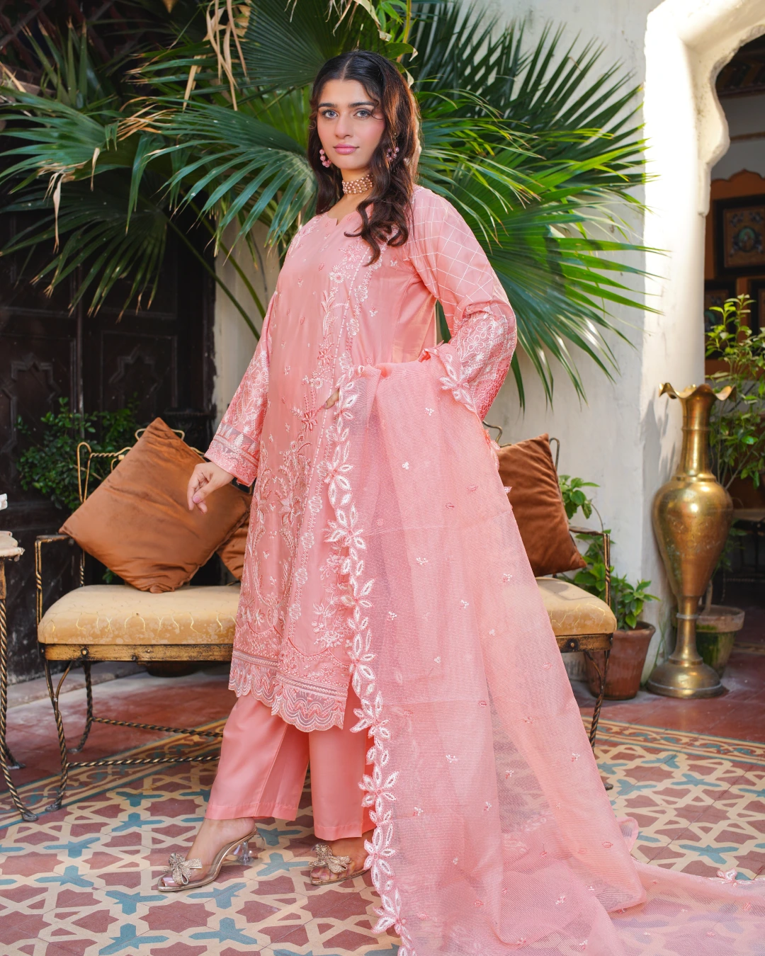 Peach Pink Embroidered Lawn Suit Cutwork & Floral Details 3-Piece Unstitched