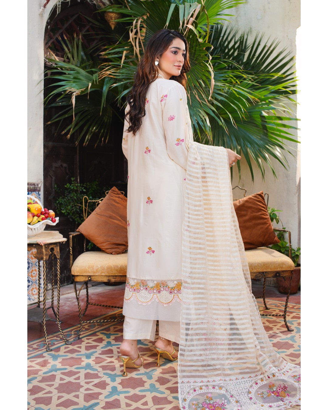 White Embroidered Lawn Suit Pink & Green Floral Work 3-Piece Unstitched - Back
