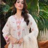 White Embroidered Lawn Suit Pink & Green Floral Work 3-Piece Unstitched - Close picture