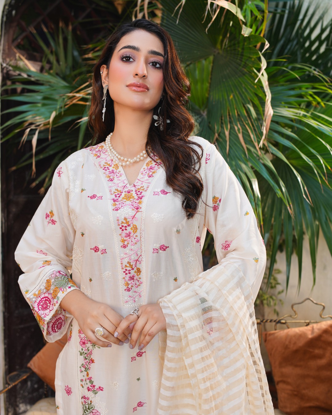White Embroidered Lawn Suit Pink & Green Floral Work 3-Piece Unstitched - Close picture
