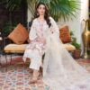 White Embroidered Lawn Suit Pink & Green Floral Work 3-Piece Unstitched - Sitting