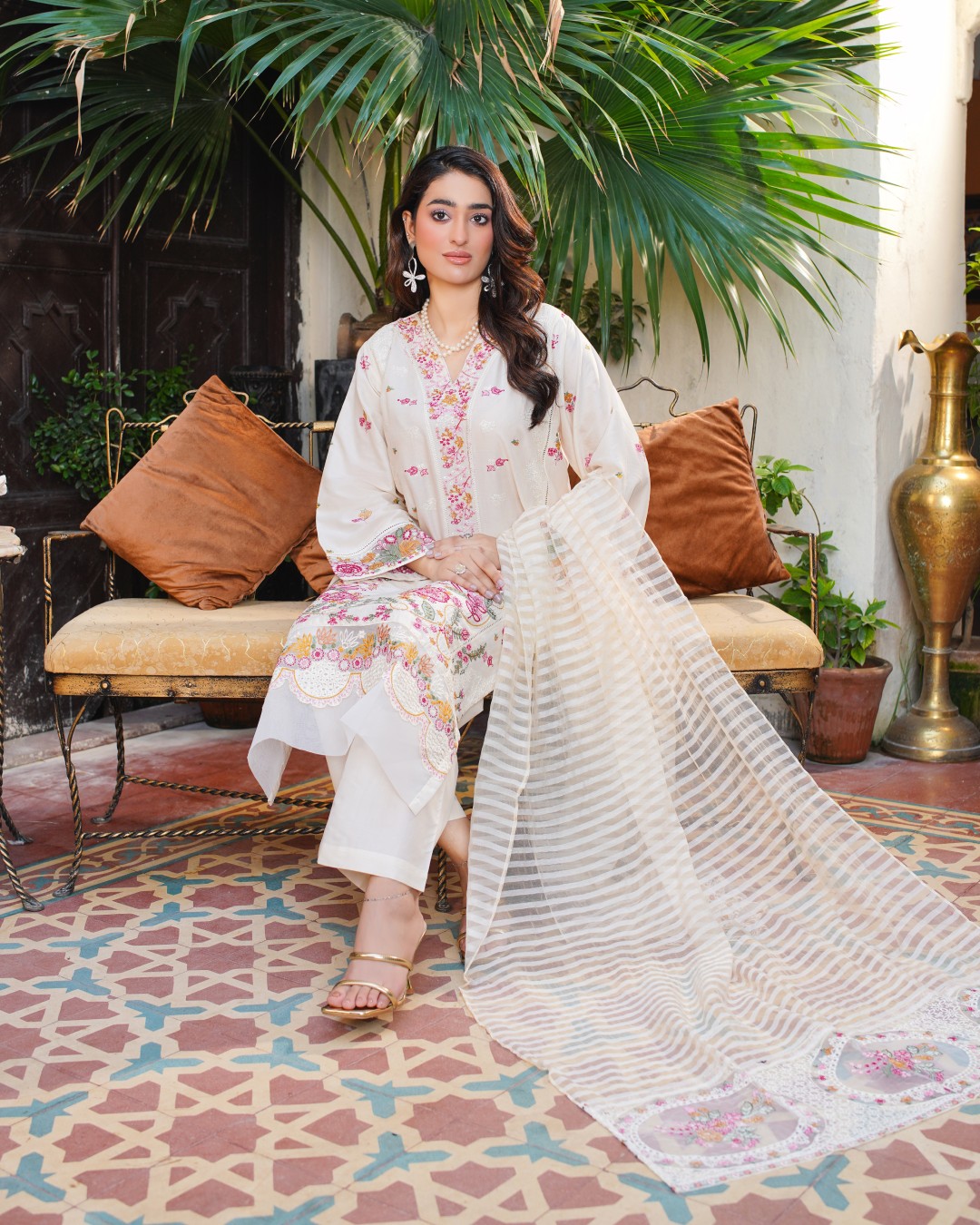 White Embroidered Lawn Suit Pink & Green Floral Work 3-Piece Unstitched - Sitting