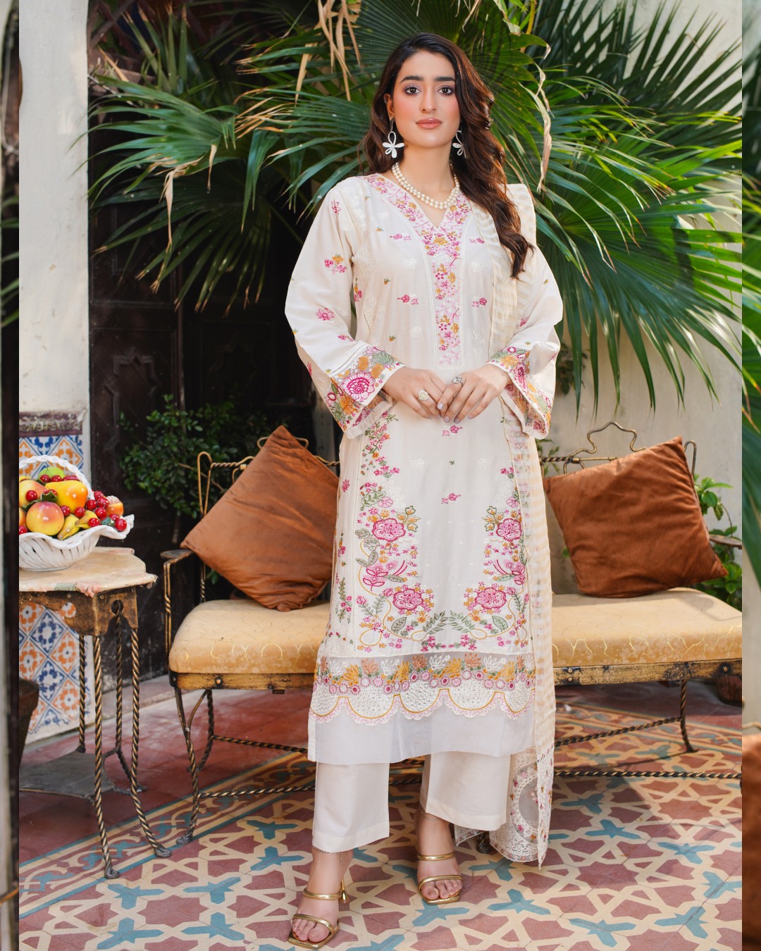 White Embroidered Lawn Suit Pink & Green Floral Work 3-Piece Unstitched